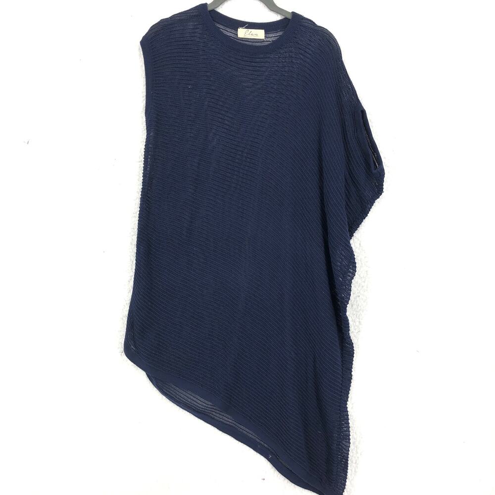 Elan Knit Sweater Womens Small Blue Asymmetrical Tunic Boat Neck Short Sleeve